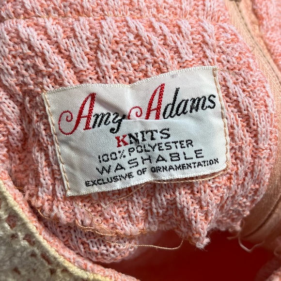 Vintage Geometric Textured Diamond Knit Short Sleeve Mini Dress Pink Cream Lace - Picture 5 of 9